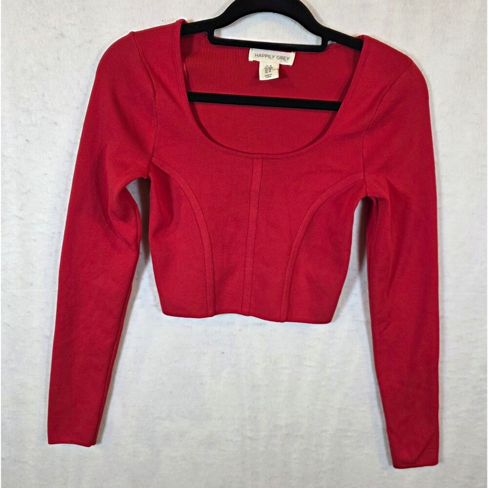 HAPPILY GREY Women's M Red Scoop Neck Long Sleeve Cropped Knit Top Stretch